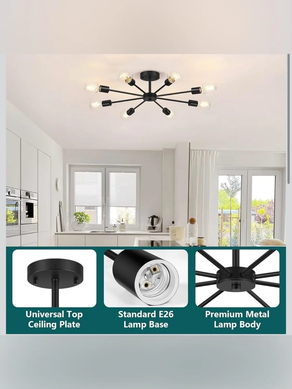 8-Lights Semi Flush Mount Ceiling Light, Matte Black Hallway Ceiling Lighting w
